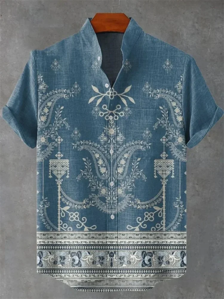 New Men's Striped Linen Short Sleeve Shirt Comfortable Stand Collar Button Shirt Hawaiian Shirt Fast Shipping