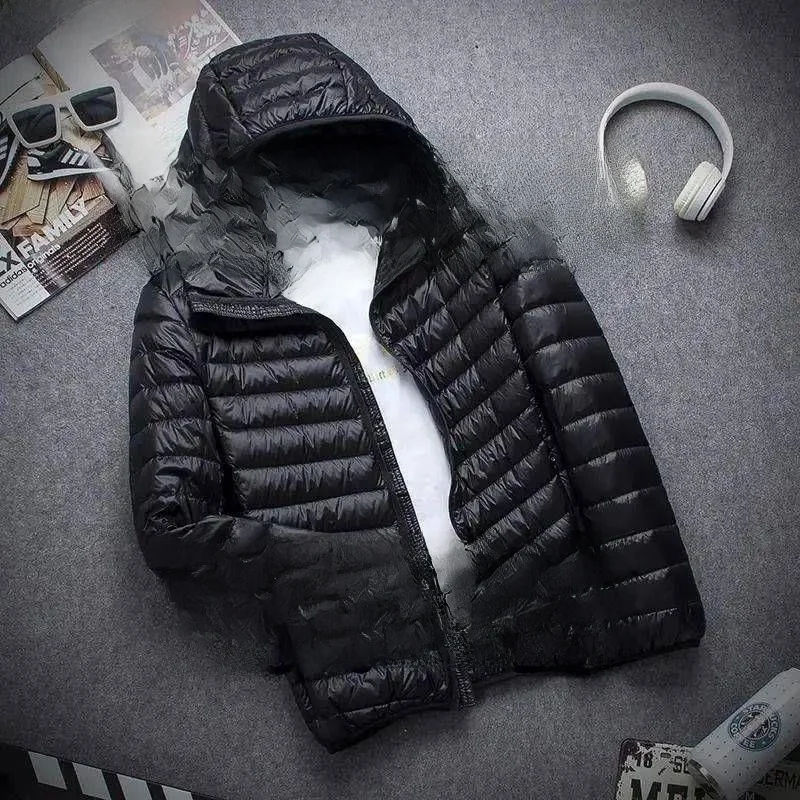 

Lightweight Ultra-Thin down Cotton Jaet Men's Stand Collar Hooded ort Sle plus Size Outerwear for Middle-Aged And ly