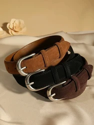 Casual Genuine Leather Belt Suede Cowhide Belts for Women Wide Elegant Dress Jeans Waistband Silver Buckle Girdle