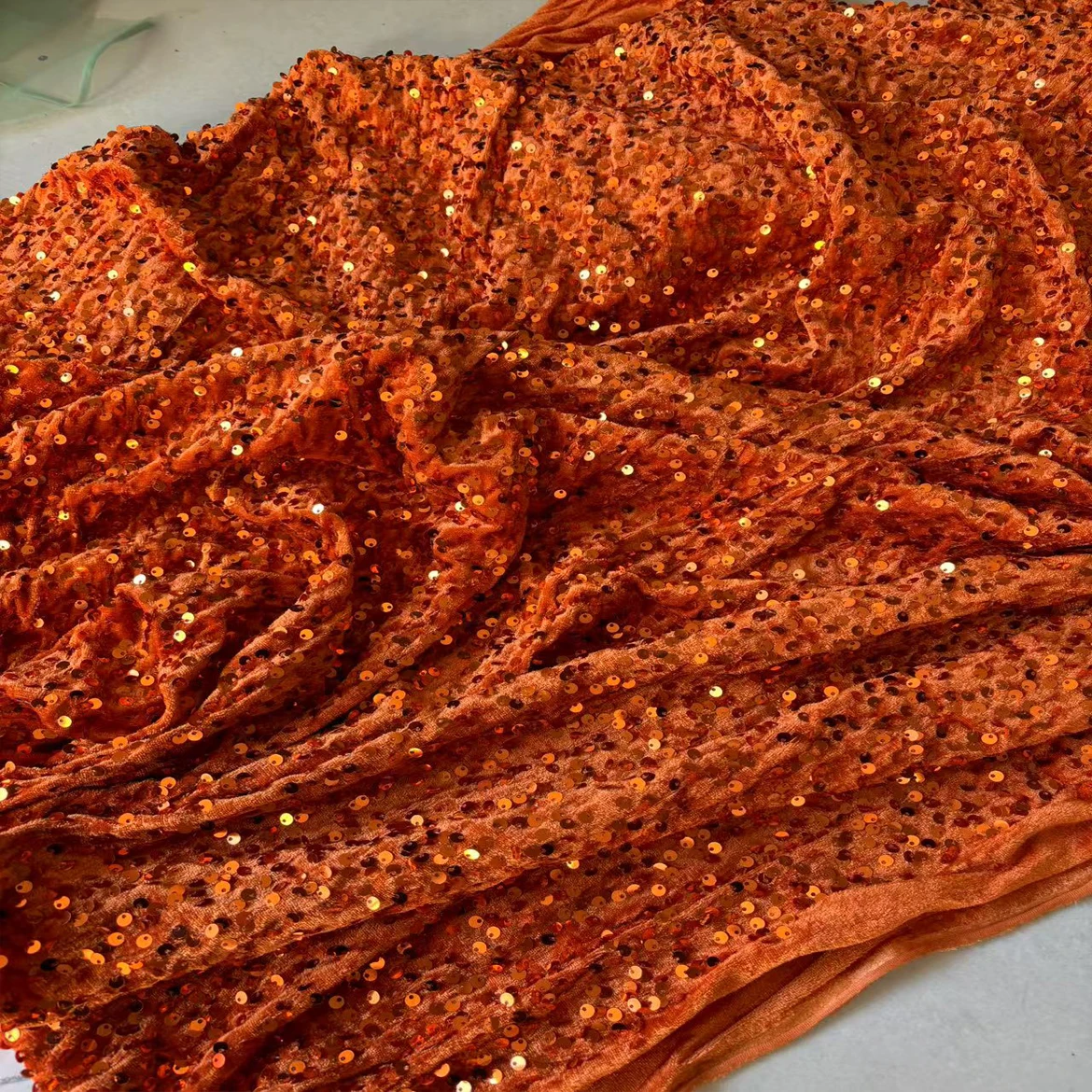 Burnt orange Sequins Stretch Velvet Fabric Spandex Velour Apparel, Costume, Events, Decoration,Dress Dance Wear Material