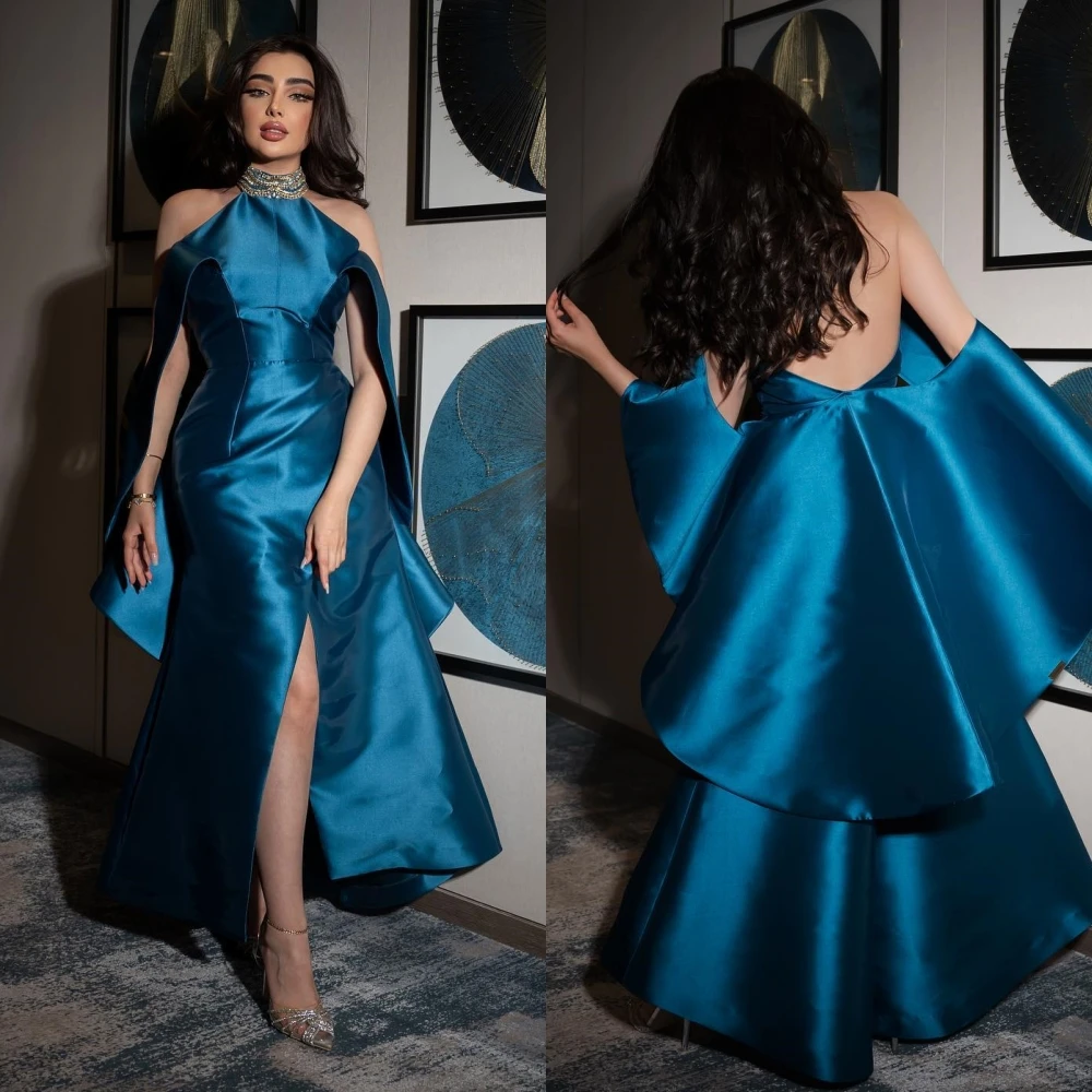 

Jiayigong Satin Sequined Beading Ruched Birthday A-line High Collar Bespoke Occasion Gown Midi Dresses