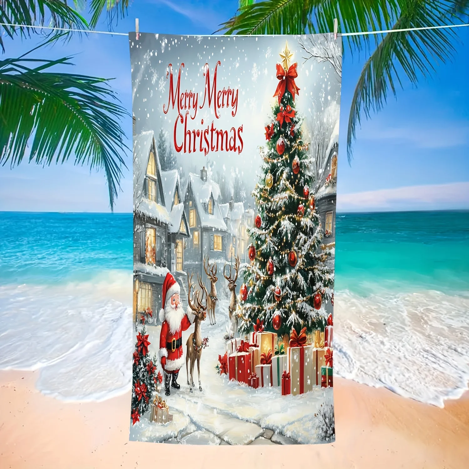 Christmas Beach Towel Santa Claus Elk Xmas Tree Print Large Bath Towel Holiday Swimming Pool Travel Beach Blanket Christmas Gift