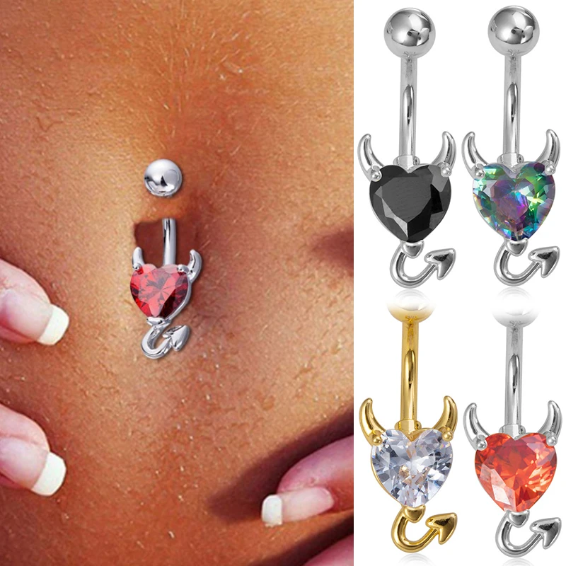 Little Devil  Belly Button Rings Cute Heart Zircon Navel Belly Piercing Ring For Women Sexy Surgical Steel Body Jewelry Earrings