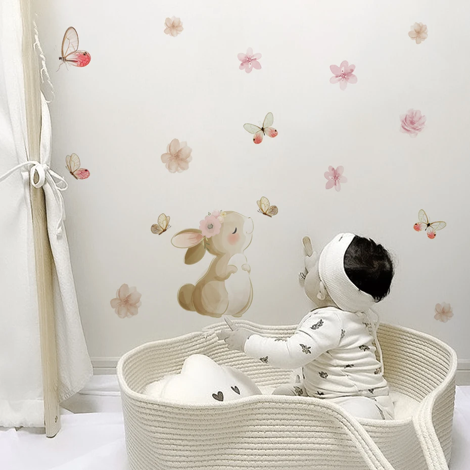 Cartoon Rabbit Flowers Butterfly Wall Sticker Children Nursery Girls Room Kid Baby Bedroom Living Room Art Home Decoration Decal