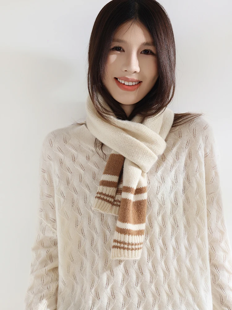 Unisex 100% Pure Cashmere Scarf Color Block Winter Striped Scarf Warm Neck Warmer Soft Thick Knit Scarf for Men Women 152x20cm