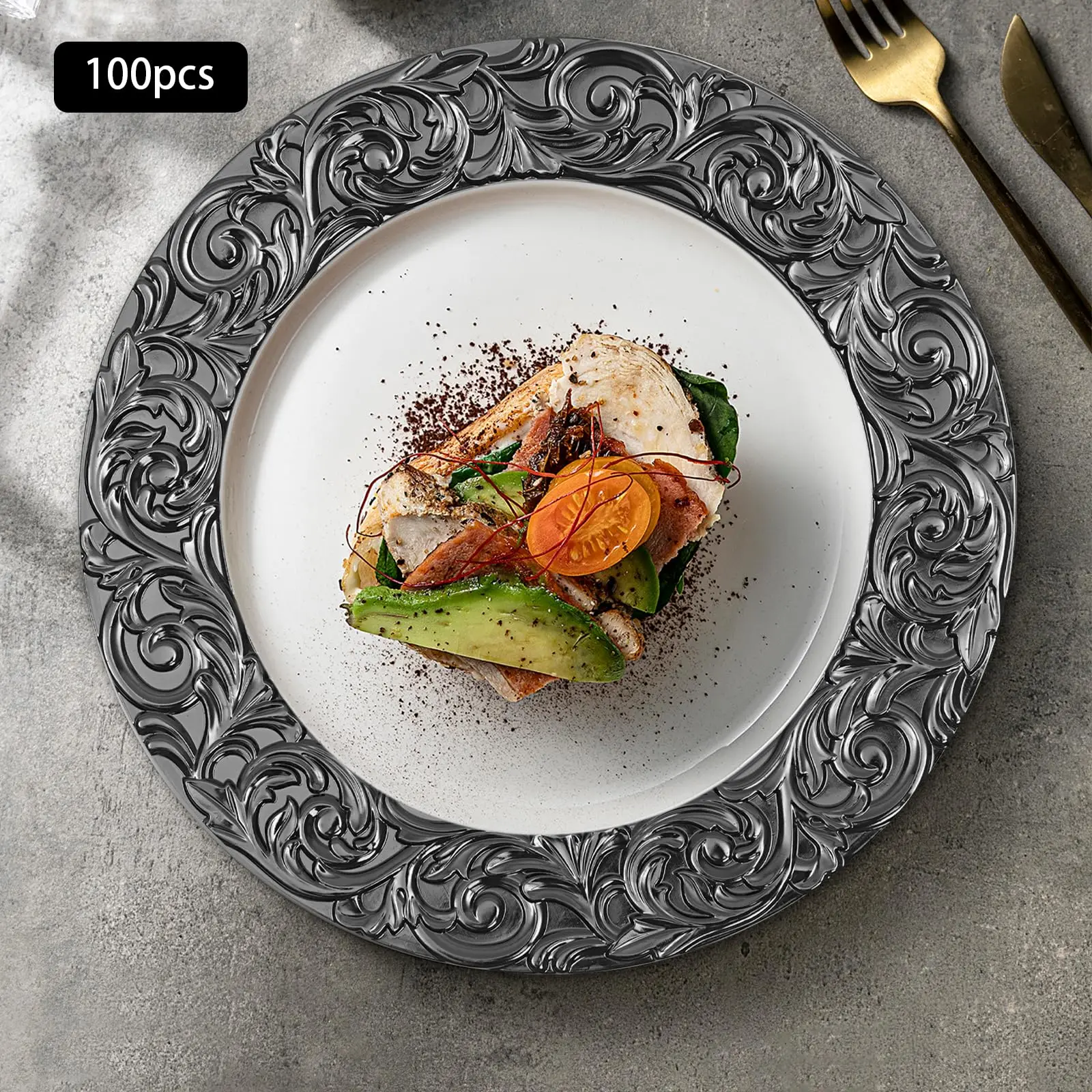 100 Pcs Charger Plates Set, 13''Round Floral Embossed Decorative Plates, Reusable Serving Plates, Antique Charger