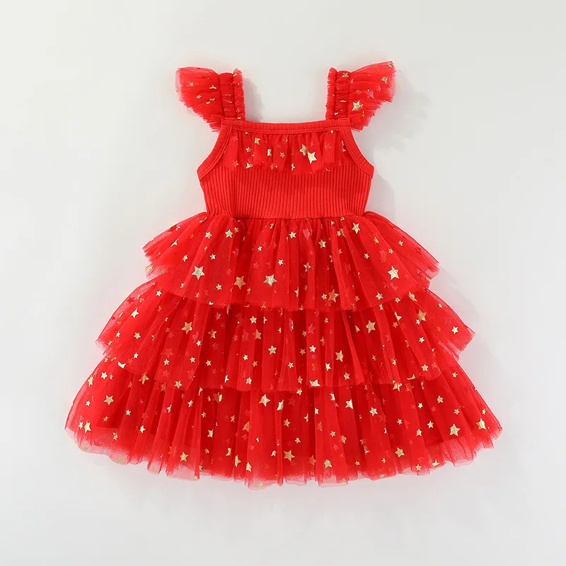 Weihnachts-Schwestern-Partnerlook: Ärmelloses Rüschen-Schulterkleid mit Weihnachtsbaum-Motiv für Mädchen (0-6 Jahre) – Detail 9
