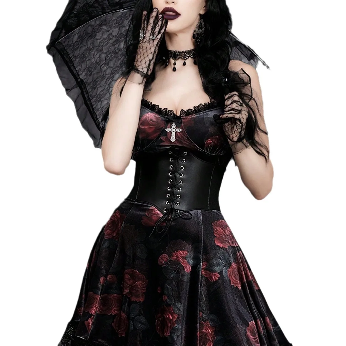 Dark Goth Spaghetti-Strap Floral Print Lace Stitching Dress (Excluding Waist Seals and Accessories)