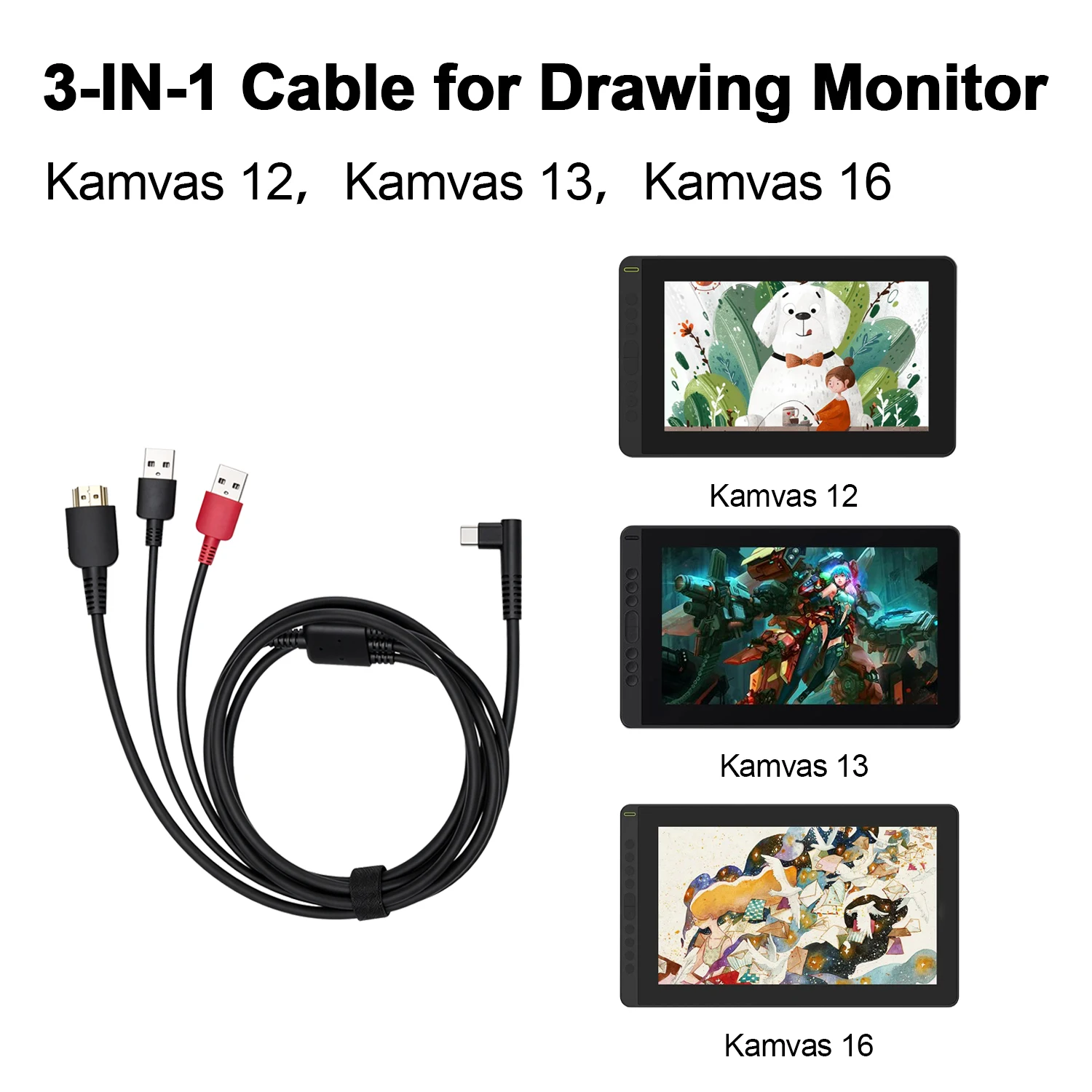 3 IN 1 Cable for HUION Kamvas 12/13/16, GT156 Graphics Tablet Monitor Pen Display HDMI DP Signal Type C Port