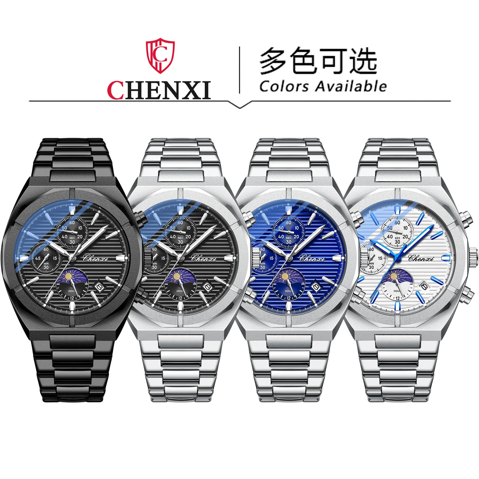 CHENXI 962 Morninglight Multifunctional Men\'s Moon Phase Date Timing Waterproof Black Steel Band Quartz Watch Wristwatch Mens