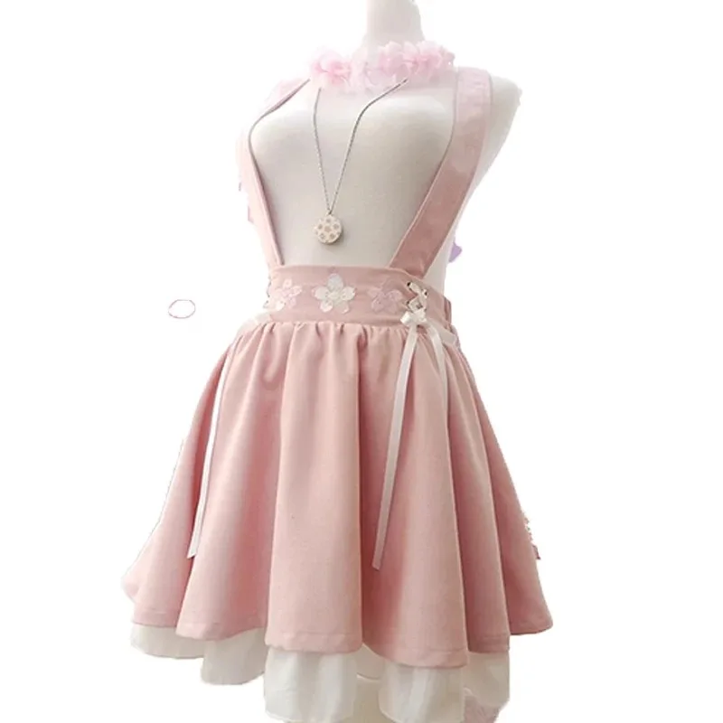 Harajuku Japanese Sweet Lolita Sakura Embroidery Suspender Skirts Cute Ribbon Ruffle Women Pleated Braces Skirt Cute Tea Party