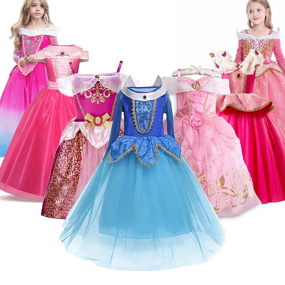 Robe de princesse pour filles, Costume fantaisie de la belle au bois dormant, bleu, rose, robe de bal, de noël, d\'anniversaire, vêtements aurore,