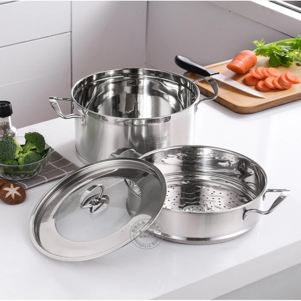 Stainless Steel European-style Right-angle Steamer Thickened Bottom Induction Cooker 2-layer Large-capacity Steaming Soup Pot