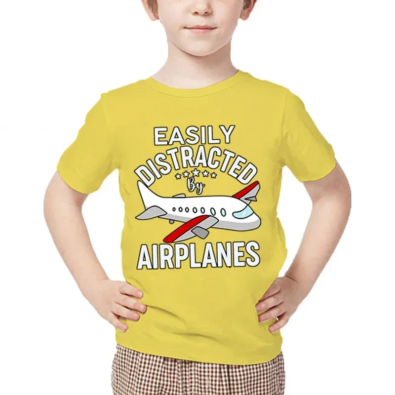 Children's Unisex Harajuku Style T-Shirt Cartoon Plane Print 'Easily Distracted by Airplanes' Fashionable Airplane Theme Tee