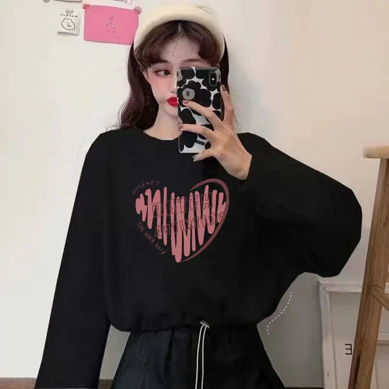 O-neck Sweatshirts Women Print Design Cropped Baggy Girlish Streetwear Shirring Temper Korean Fashion Clothing Teens Ins Casual