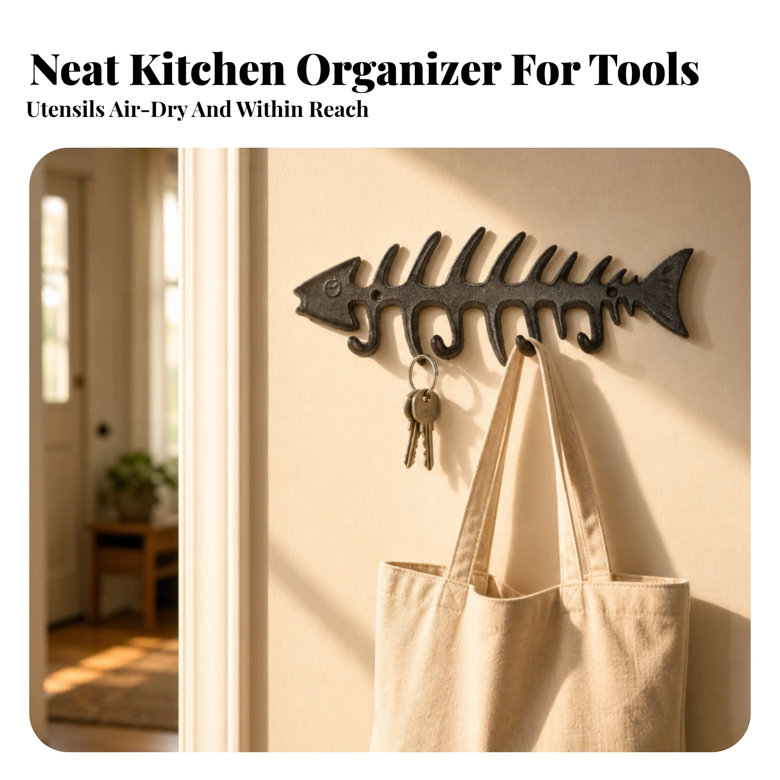 Fish Bone Wall Hook Rack Coastal Fish Bone Skeleton Hook Rack Decorative Sturdy for Entryway, Hallway