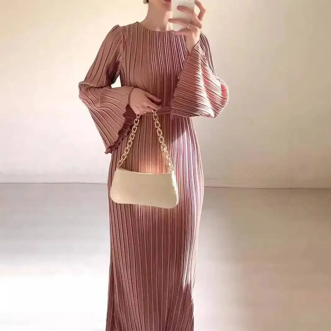 ربيع 2025 المرأة والخريف فستان طويل جديد أنيق مطوي مضيئة كم منتصف طول فستان رداء Vestido المرأة أنيقة