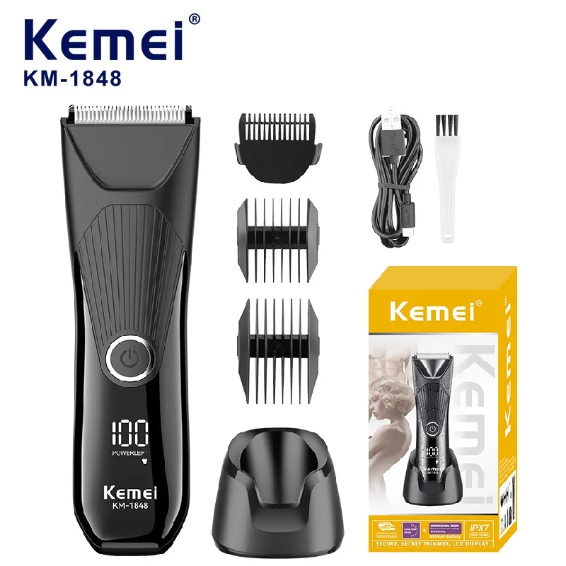 Kemei KM-1848 Multi-Function Hair Trimmer USB Rechargeable Body Clipper with LCD Screen for Private Sideburns & Body Grooming