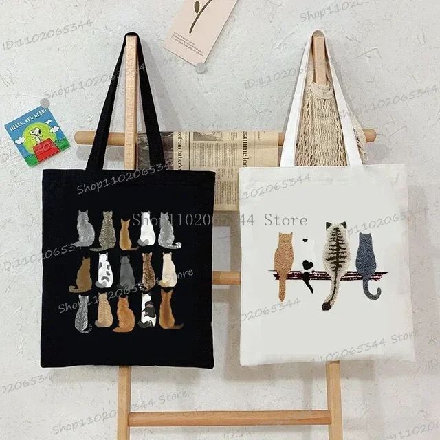 Zabawna grafika Anime Cat Kobiety Płócienna torba na ramię Cartoon Animal and Plant Shopping Bag Kitten Lover Kobiece torebki wielokrotnego użytku
