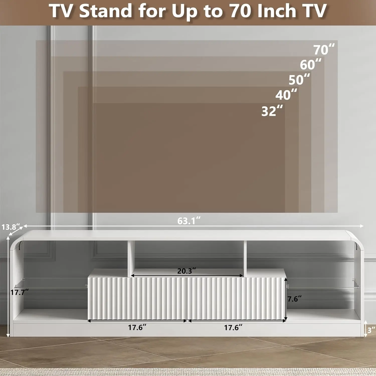 Curved TV Stand with LED Lights, 2 Drawers & Glass Shelves, Living Room Entertainment Center for 60-70 Inch TVs, Customized
