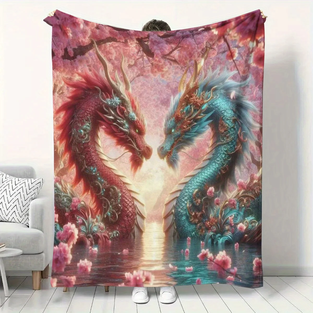 Red & Teal Oriental Dragon Flannel Throw Blanket Dual Facing Chinese Dragons Cherry Blossom Floral Water Reflection Fantasy Art
