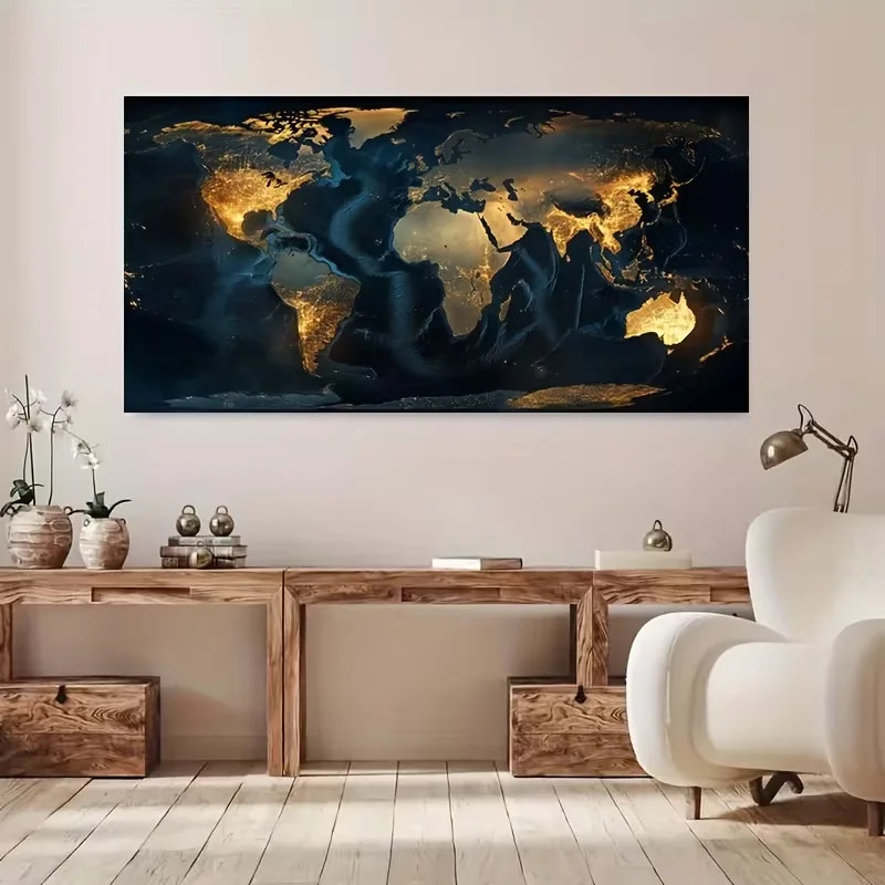 A Sizable Frameless Artwork Featuring a Contemporary World Map on Canvas, Adorned with Golden Accents Against a Rich Blue Sea, S