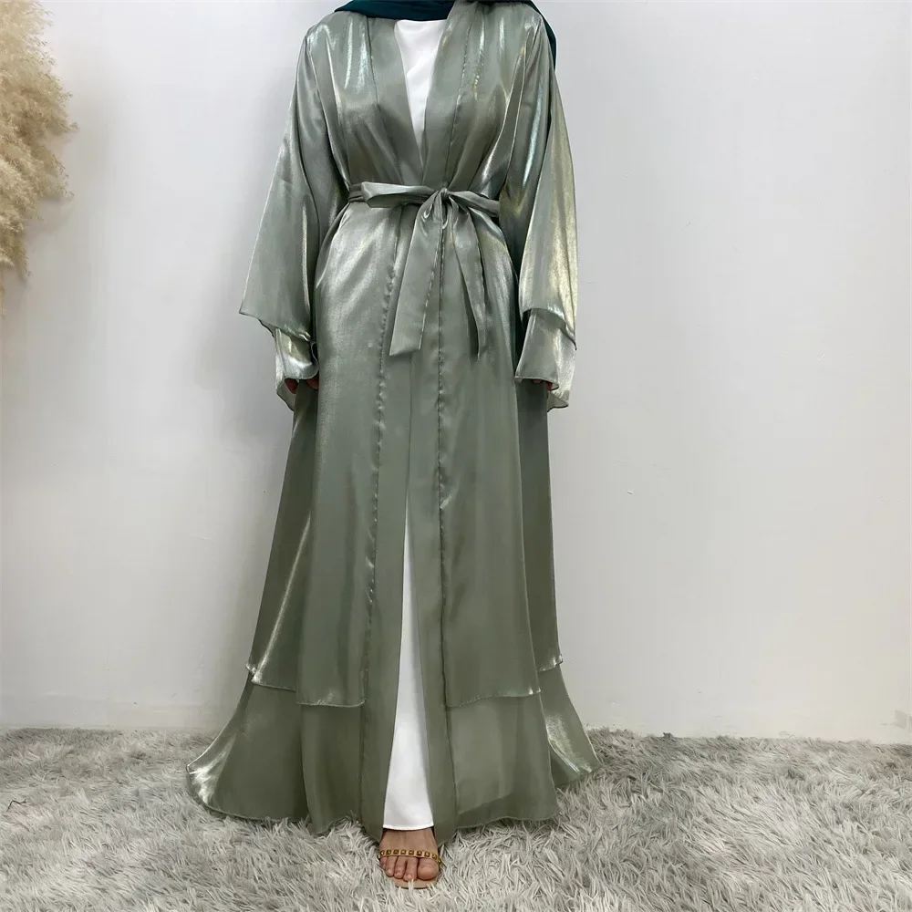 Femme Musulmane Shiny Satin Kimono Cardigan Open Abayas for Women Muslim Dress Dubai Abaya Kebaya Ramadan Jalabiya Eid Robe Gown