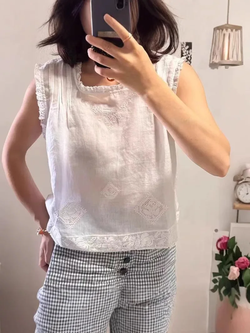 

Лето 2023, новинка Sle, милый квадратный воротник, свободный жилет с вышивкой, кружевной топ, женский деловой топ...