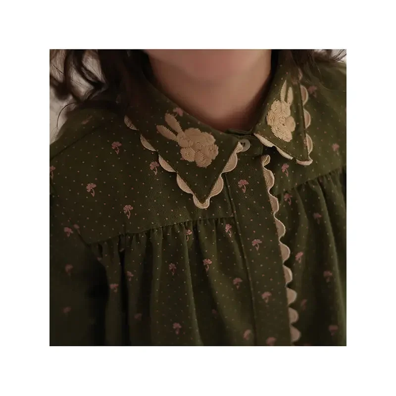 Cute Girls Dress Retro Green Embroidery 2023 Spring Autumn New Long Sleeve Princess Style Causal All-match Korean Version