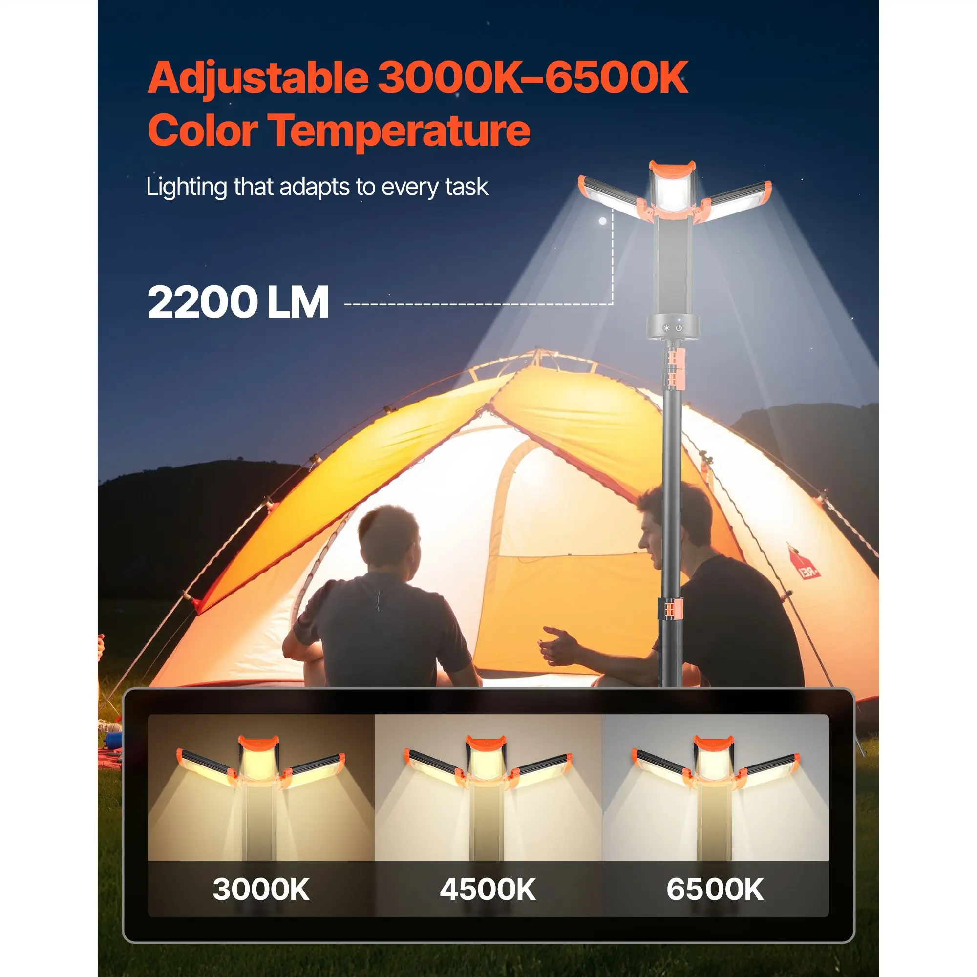 

LED Work Light with Stand, 10Ah, Rechargeable Cordless Camping Light, with 3 Lamp Heads, Detachable Tripod Stand, 2200 Lumens 3000K-6500K Dimmable, Portable Construction Lighting for Job Site