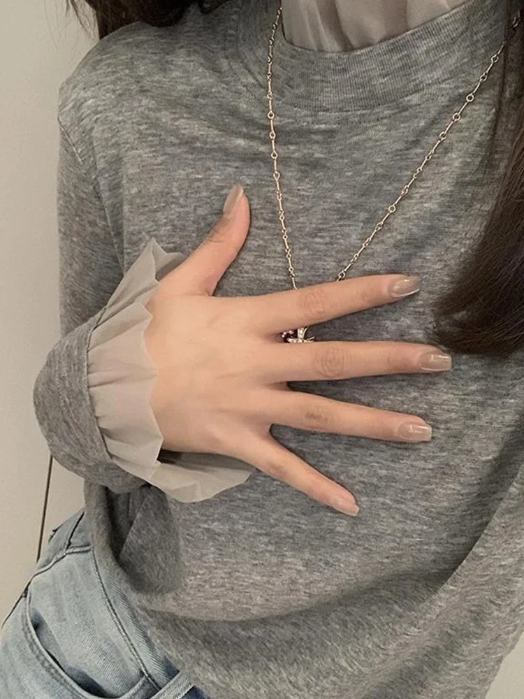 슬림핏 또는 롱 티셔츠 여성용 가을 겨울 하이 칼라 기본 티셔츠 출퇴근용 슬림핏 얇은 폴리에스터 섬유