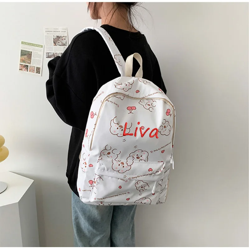 Sac à Dos en Nylon Imperméable de Grande Capacité pour Étudiant, Lapin Mignon Personnalisé pour Fille, Voyage, Loisirs en Plein Air