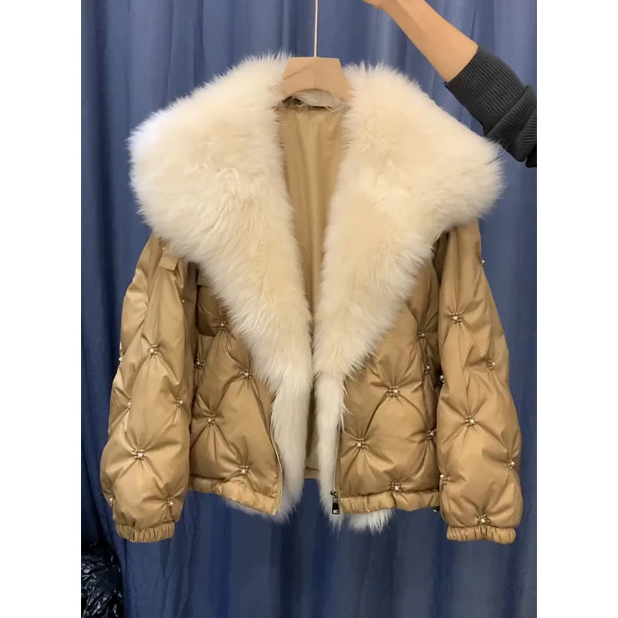 MENINA BONITA 2023 Winter White Goose Down Jacket Real Fur Coat Natural Fox Fur Collar Loose Luxury Women Overcoat New Fashion