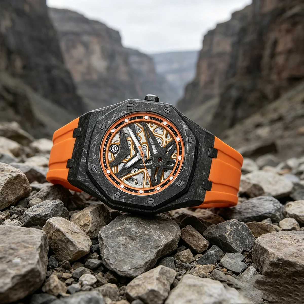 TIMETOKEN Skeleton Automatic Watch Men Forged Carbon Octagonal Case Luminous Waterproof Orange Rubber Sport WristwatchReloj T577