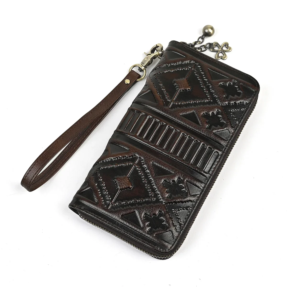 Embossed Floral Leather Wallet for Women Vintage Top-Grain Cowhide Long Clutch with Zipper Closure