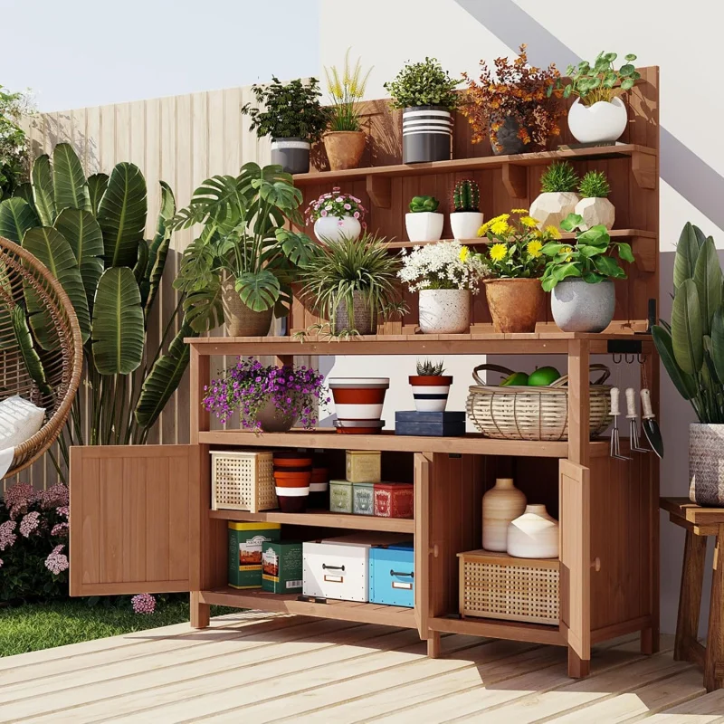 

2026 New：Fir Wood Potting Hutch - Outdoor Garden Workstation Table with 2 Cabinets, 4 Storage Shelves & 3 Side