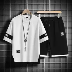 Chándales blancos y negros para hombre, Conjunto de camiseta de manga y pantalones cortos, ropa deportiva de marca, traje deportivo de gran tamaño 5XL, 2024