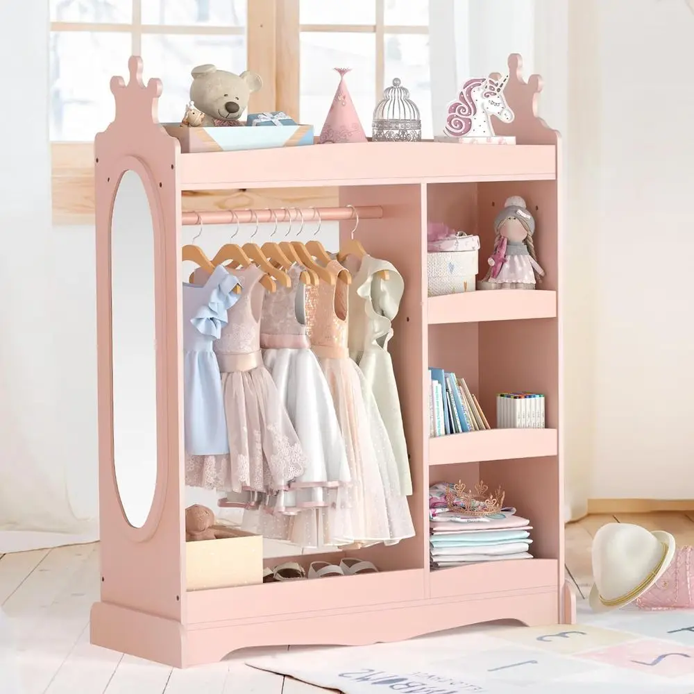 Children's Mirrored Cupboard with Hooks, Pink Storage for Wardrobes, Suitable for Boys and Girls, Ideal for Bedrooms, Classrooms