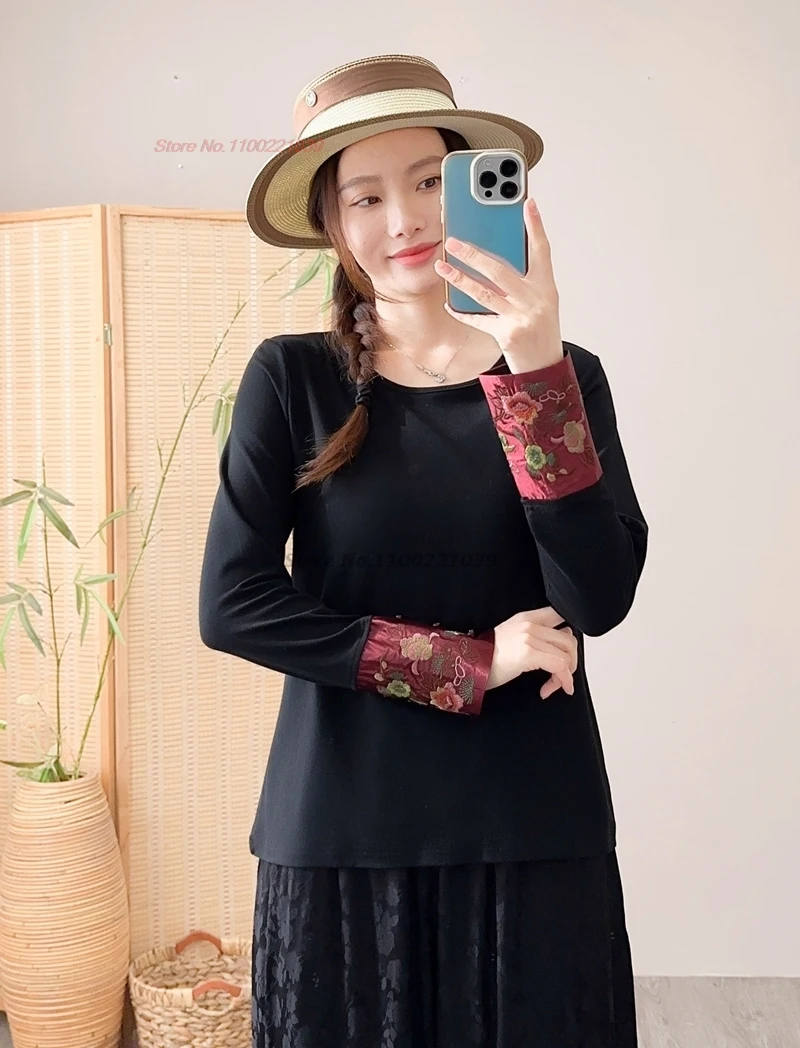 

2024 national flower embroidery o-neck shirt traditional tang suit hanfu tops chinese vintage t-shirt oriental ethnic base shirt