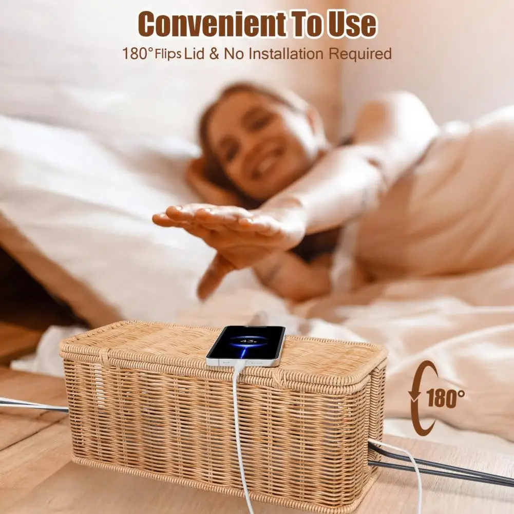 

Storage Basket Handwoven Rattan Cable Management Box with 2 Slots for Power Cords Capacity Organizer Basket for Hidden Wires