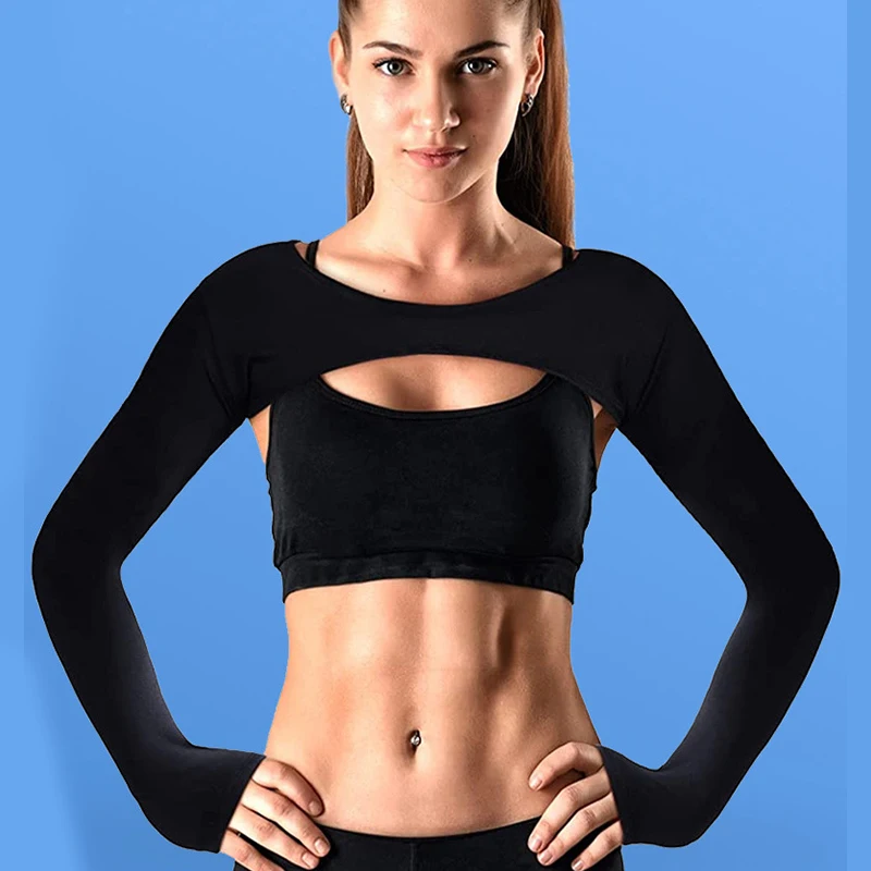 Ultra-thin Sexy Women Long Sleeve Arm Sleeves Gym Workout Crop Top Open Front Workout Cropped Shirts For Fitness Sports Shrug