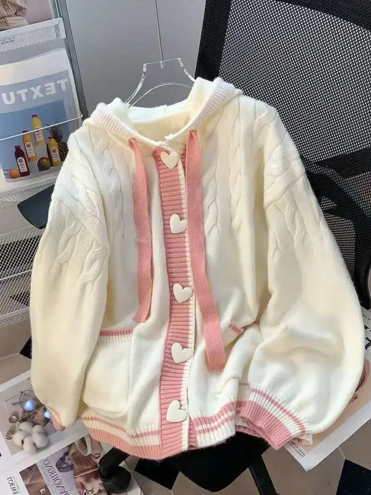 

High Quality Cute Sweet Cardigan Sweaters Women White Knitted Coats Long Sleeve Loose Female Japan Kawaii Elegant Hooded Tops