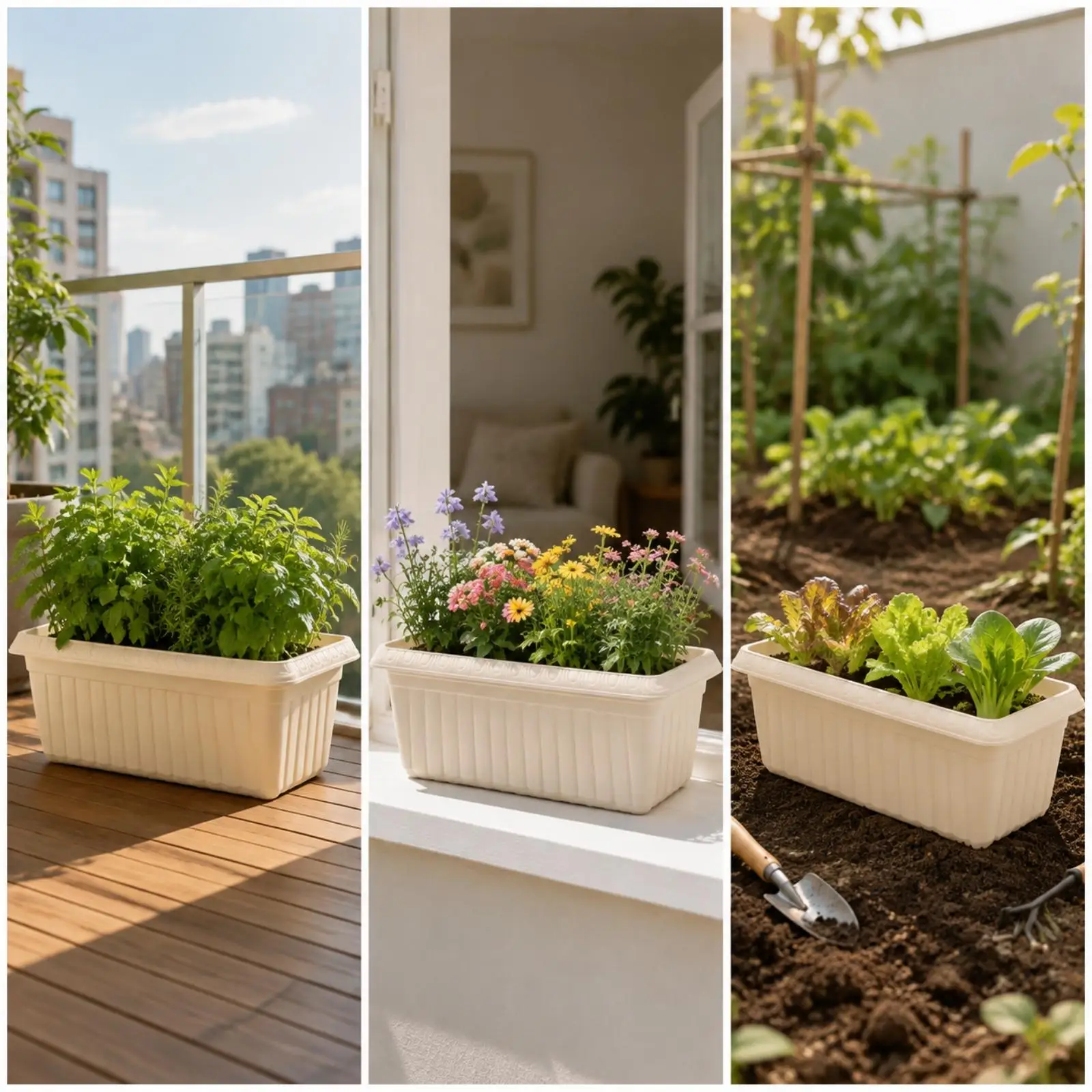 Rectangular Floor Planter with Drainage Insert Leak-Resistant Ribbed Planter with Drainage Holes Self-Draining for Home