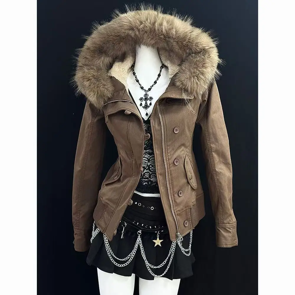 2026 Herbst Damen Amerikanischer Retro-Punk Kunstpelz Schwarzer Kapuzenmantel Reißverschluss Safari-Jacke Y2K Grunge Street Oberbekleidung