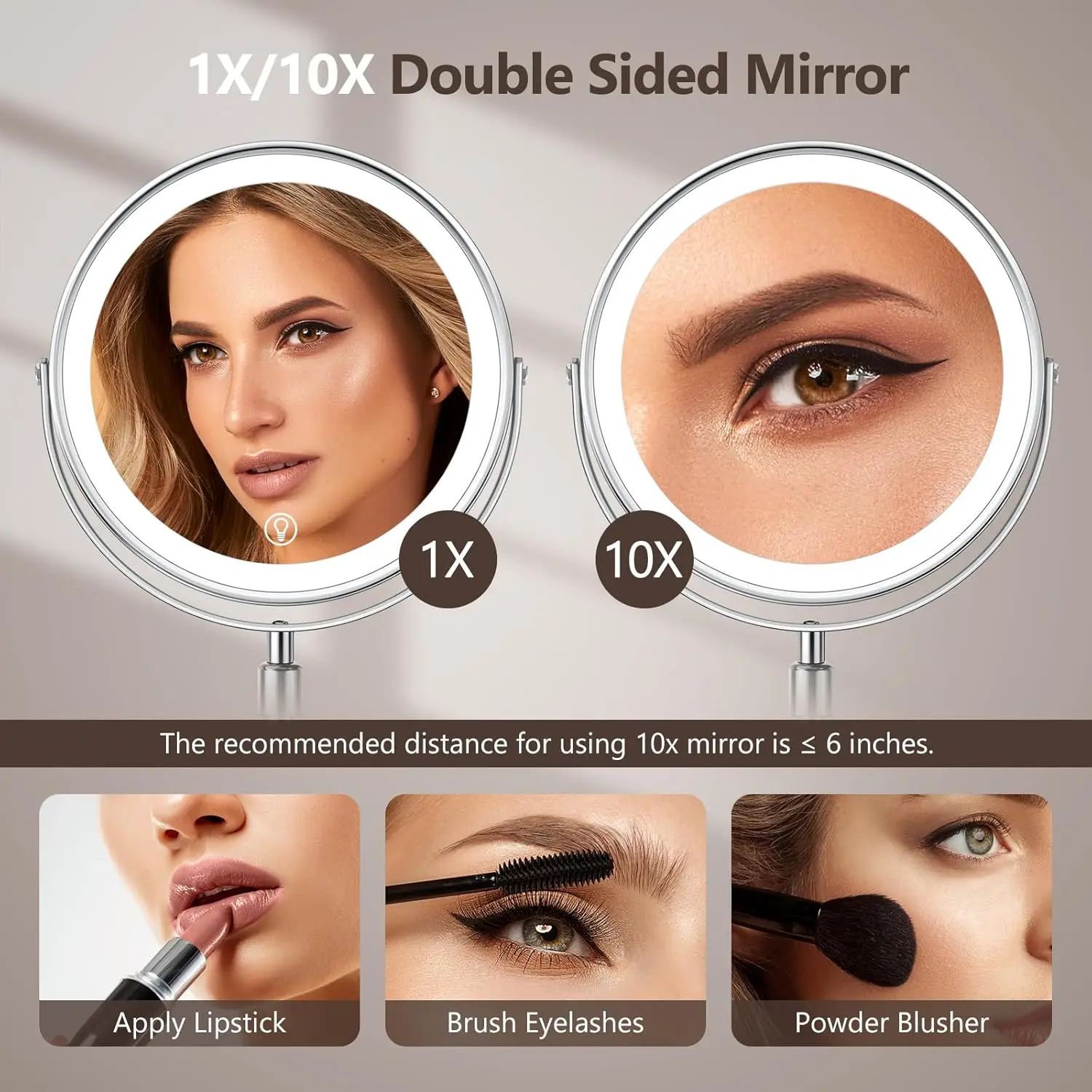 Miroir de maquillage éclairé grossissant 1x/10x avec miroir de vanité 3 couleurs miroir cosmétique Double face réglable en hauteur Rechargeable
