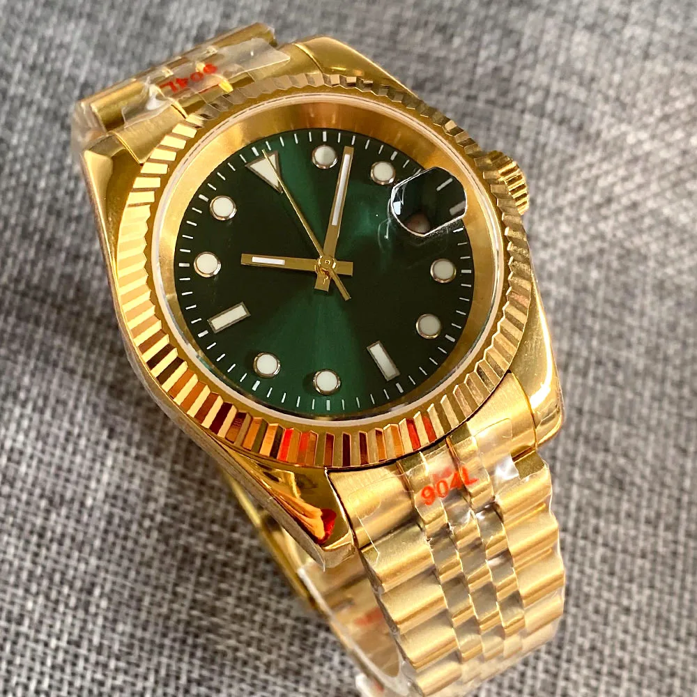 Day Date Fluted Yellow Gold Steel Watch for Men NH35 MIYOTA PT5000 Movement Sunburst Green 904L Bracelet 36mm 39mm Wristwatch