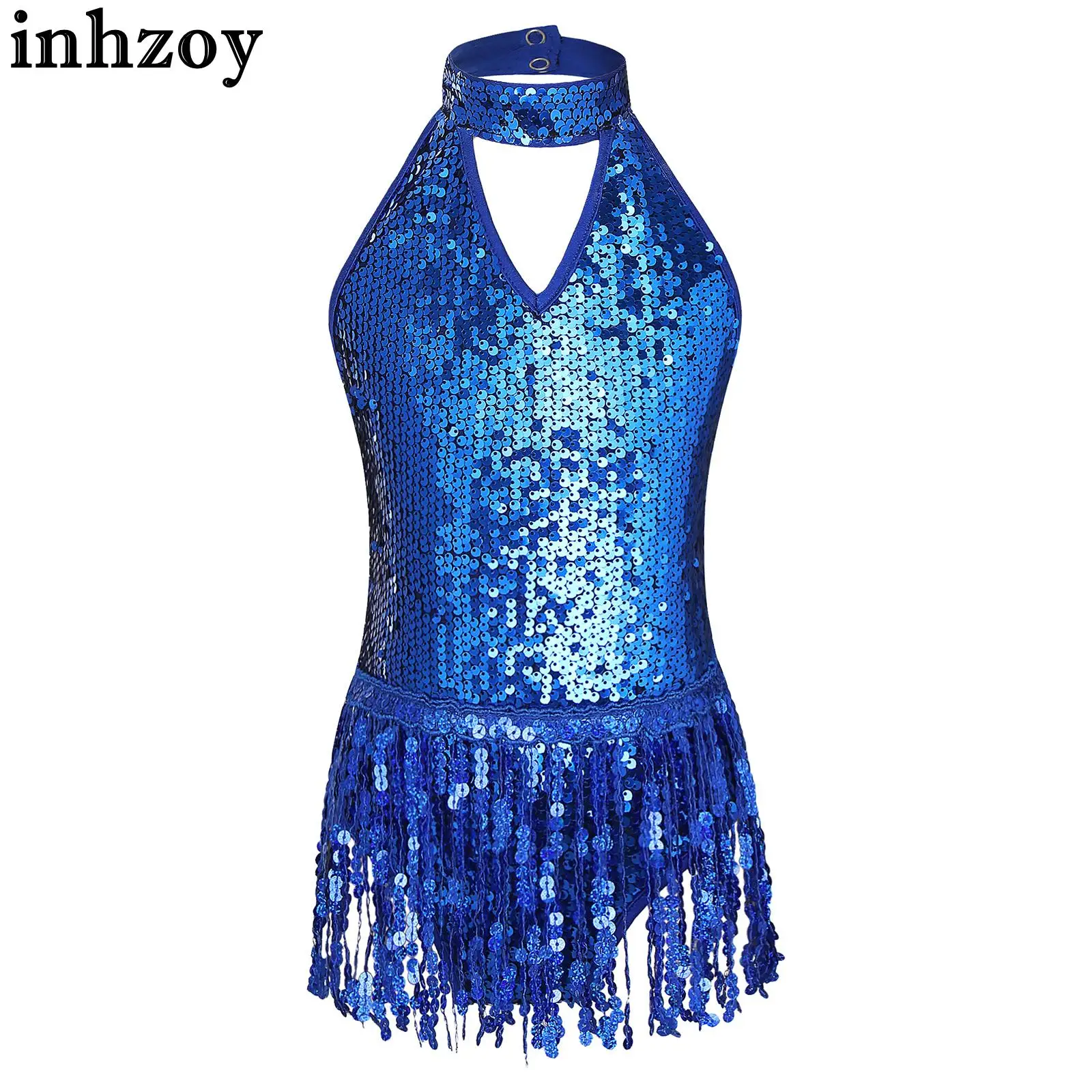 

Kids Girls Sparkly Sequins Halter Neck Cutout Back Tassel Hem Leotard Dress Latin Jazz Samba Rumba Salsa Tango Dance Costume