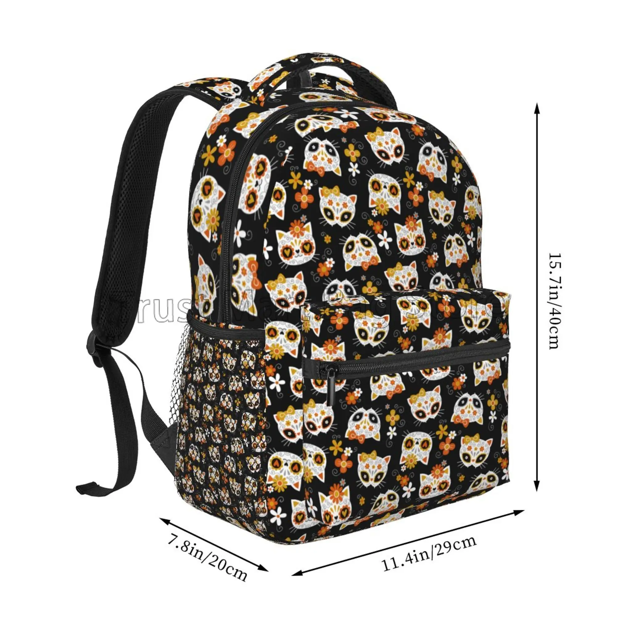 Cute Sugar Cat Skulls and Flowers Travel Backpack for Women Girls Lightweight Travel Hiking Camping Daypack Casual Shoulder Bag