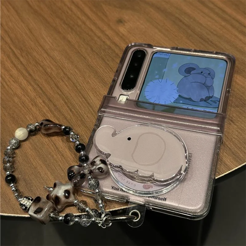 Clear Gray Acrylic Magnetic Phone Case For Samsung Z Flip 7 6 5 / MixFlip / Magicvflip2 Cover Cute Elephant Stand & Wrist Chain