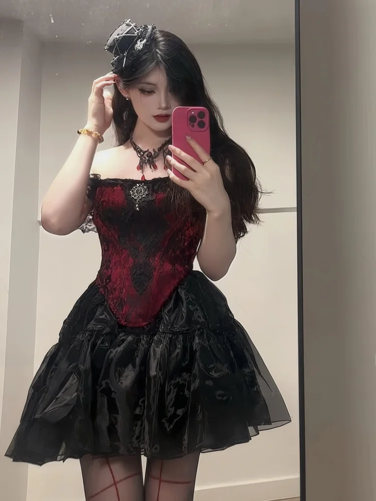 다크 고딕 할로윈 코스프레 여성용 레이스 트림 크롭 탑 허리 조임 패치워크 튜브 탑 오리지널 디자인 레귤러 길이